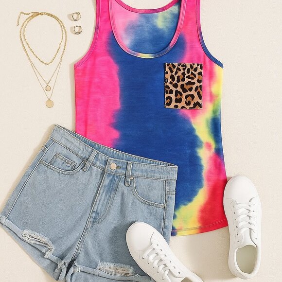 CCC Colorful Tie Dye Tank Top Leopard Print Chest Pocket Sleeveless Shirt Size S - Picture 4 of 11